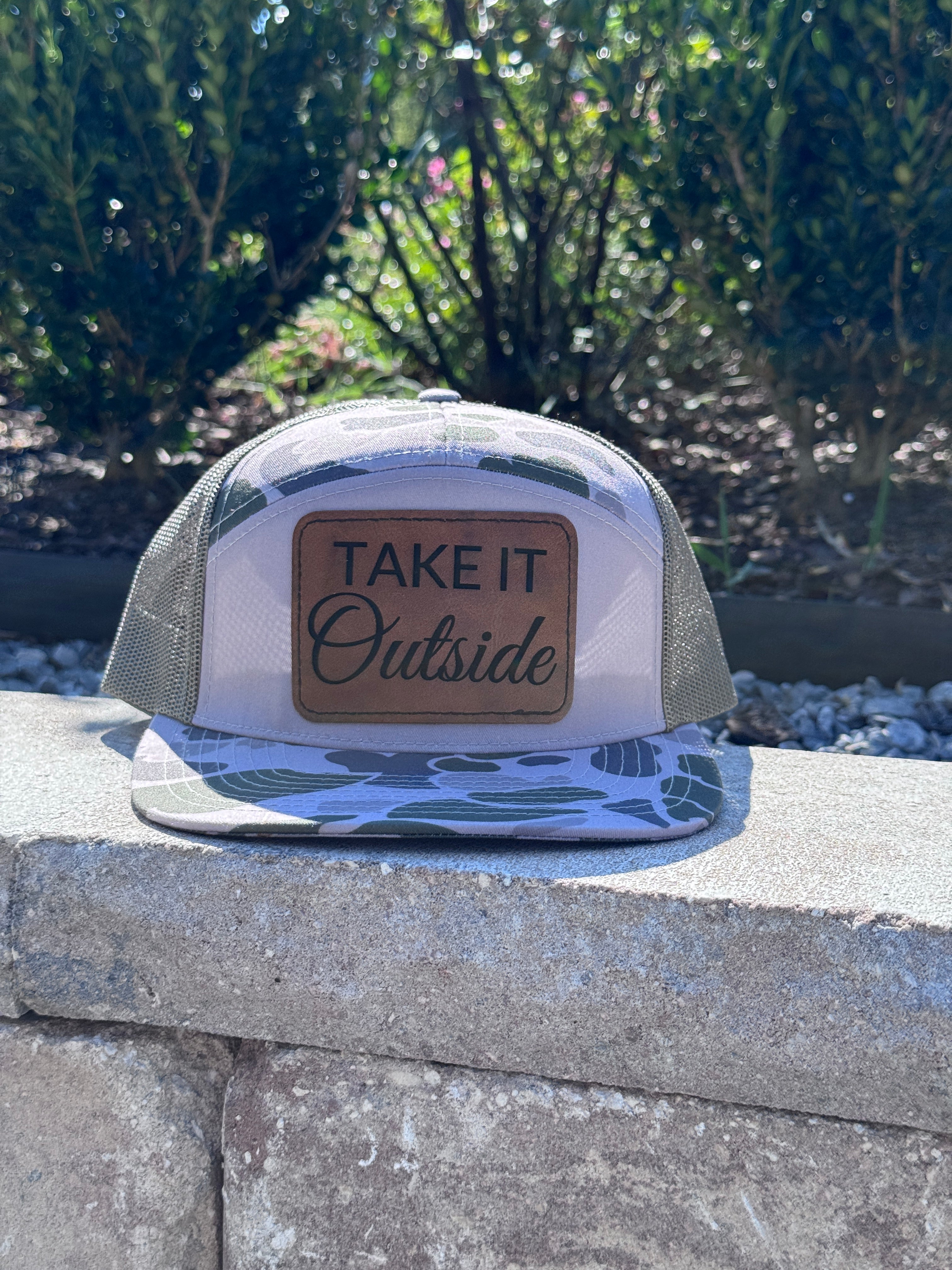 Take It Outside β 7-Panel Flat Bill Marsh Camo Hat