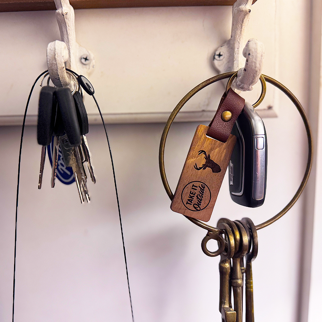 “Take It Outside” Wooden Keychain – Rustic Deer Design